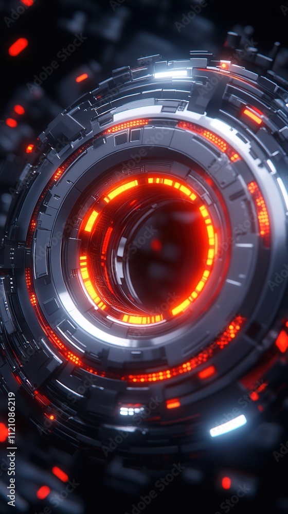 Poster a futuristic circular design with glowing red and silver elements, showcasing intricate details in a