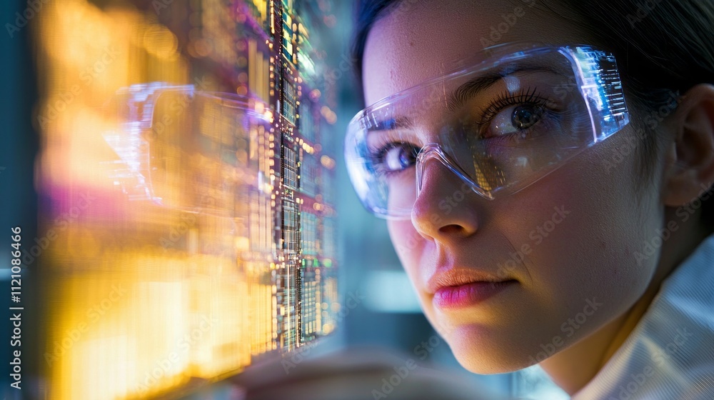 Poster focused female engineer studies a large, complex circuit board in a cutting-edge lab, showcasing her