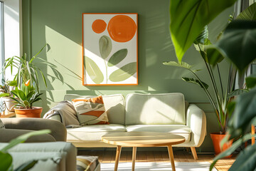 natural serene interior, modern cozy natural style in green  (generative AI)