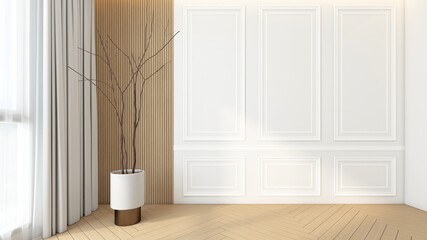 Empty room with wall cornice using white tones in the decoration design. wood slat wall and indoor plants. 3D rendering © Phongphan