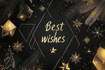Naklejka premium Golden christmas greeting card with decorative snowflakes, stars and pine branches wishing best wishes on a dark background