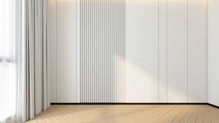 Empty room decorated with white wall groove pattern and wooden floor. 3D rendering