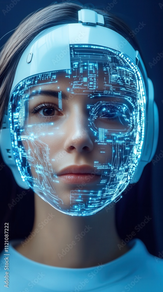 Poster a futuristic portrait of a woman with a digital circuit pattern on her face, blending technology and