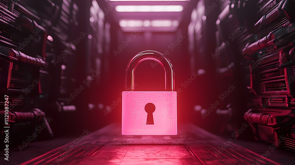 Aufkleber a glowing pink padlock hovers in a dimly lit server room, symbolizing digital security within a high