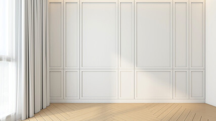 Obraz premium Empty room decorated with white wall groove pattern and wooden floor. 3D rendering