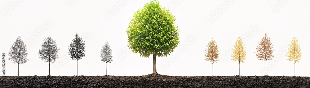 Poster a vertical composition of a single tree showcasing adaptations to varying sunlight and humidity leve