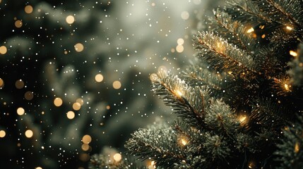 Obraz premium Enchanting Christmas Tree Branches with Falling Snow and Warm Lights