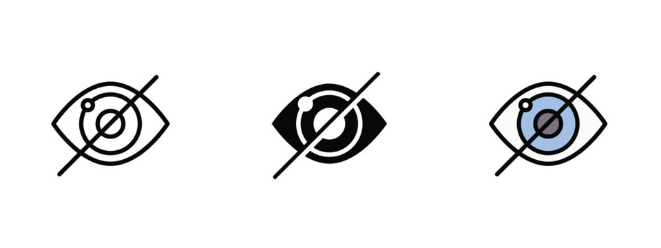 Set of 3 "Hide" icons with 1 line, 1 silhouette n 1 colored icon with an unexpanded vector icon inside - Hide icon eye with line through it, action of concealing or hiding content represent hidden ite