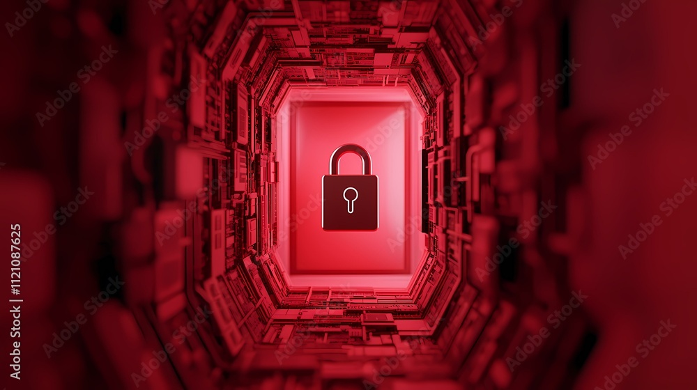 Aufkleber a red, metallic, tunnel-like structure with a padlock icon in the center.a red, technologically adva
