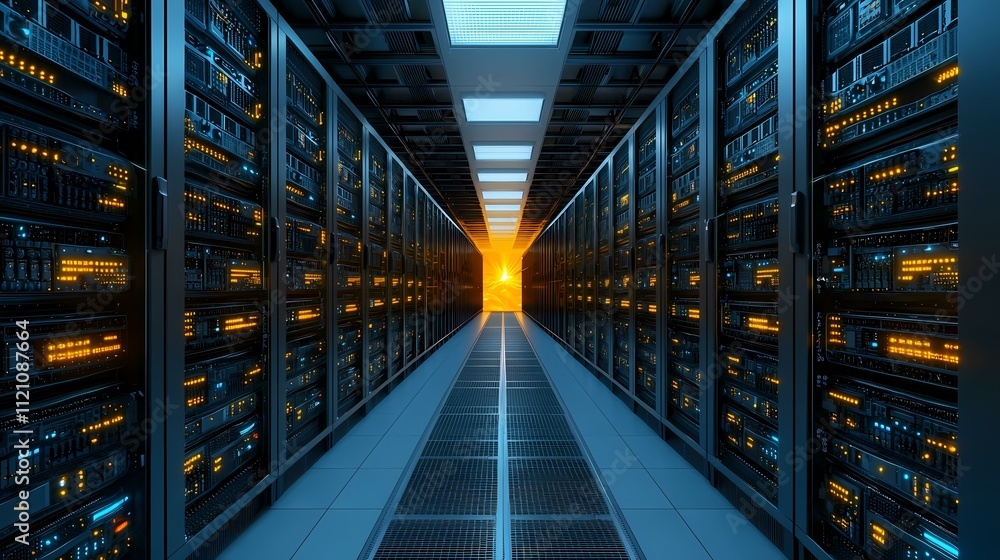 Poster the image shows a long corridor of server racks in a data center, with glowing lights indicating act