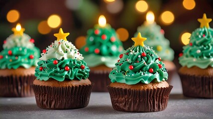 Festively decorated cupcakes resemble miniature Christmas trees, perfect for a holiday gathering