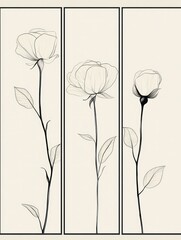 A set of three vertical posters side by side, each featuring a single minimalist rose bloom with abstract vein-like line art, set against a soft off-white background