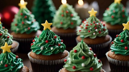 Festively decorated cupcakes resemble miniature Christmas trees, perfect for a holiday gathering