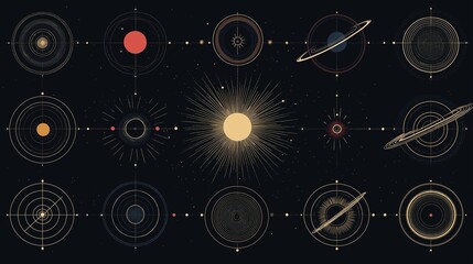Obraz premium Celestial Dance: An elegant, minimalist depiction of our solar system, showcasing the sun and its orbiting planets in a harmonious cosmic ballet.