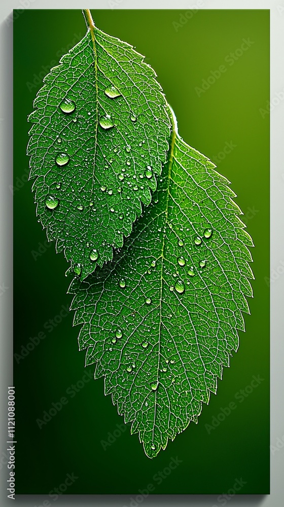 Poster a dynamic macro image of water droplets evaporating from leaf edges under intense sunlight