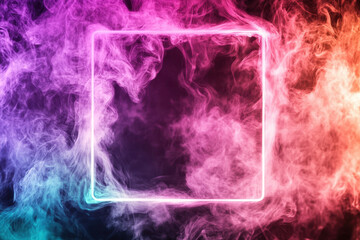 Obraz premium Vibrant neon light frame surrounded by swirling colorful smoke, creating a dynamic and mesmerizing visual experience.
