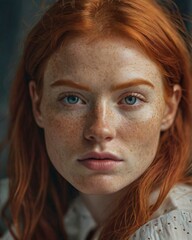 A young woman with long red hair and freckles, wearing a white blouse, looks into the camera. Her natural beauty is highlighted by soft daylight, creating a gentle and calm image.