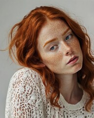 A young woman with long red hair and freckles, wearing a white blouse, looks into the camera. Her natural beauty is highlighted by soft daylight, creating a gentle and calm image.