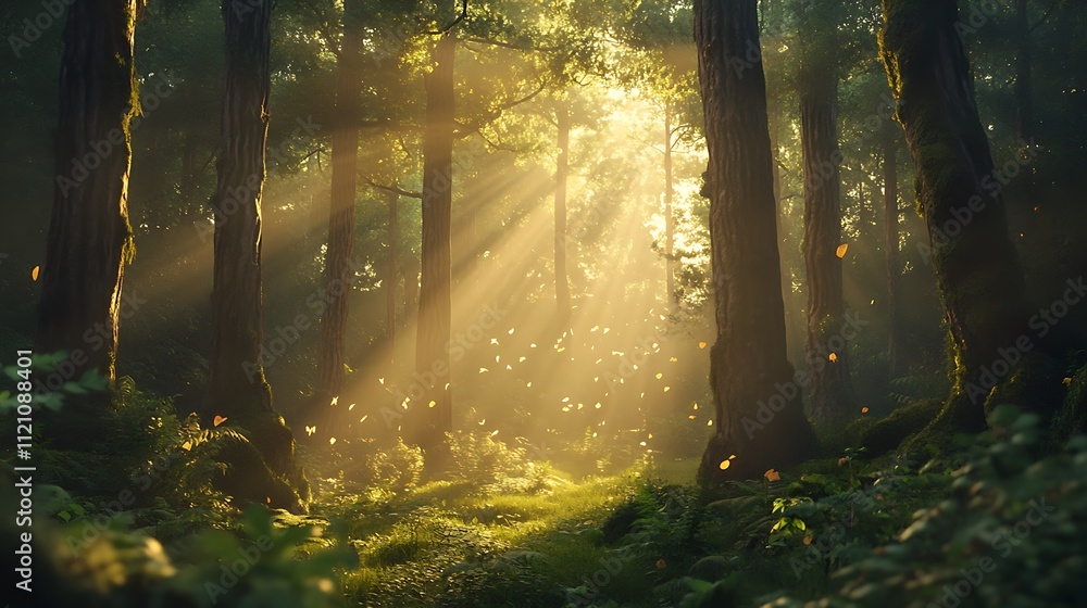 Poster a serene forest at dusk with the last rays of sunlight filtering through the trees and a soft breeze