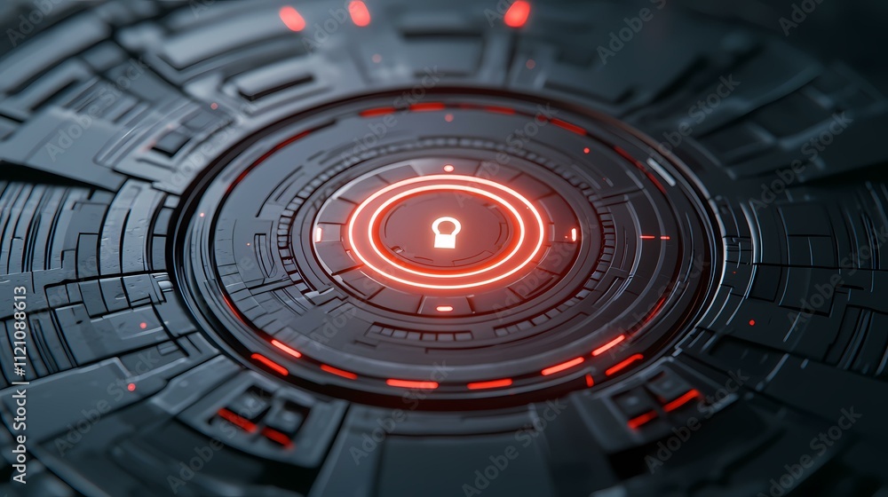 Aufkleber a dark metallic circular interface with glowing red accents features a central keyhole icon, suggest
