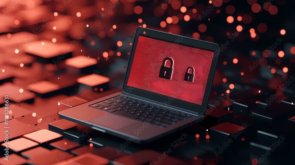 Aufkleber a laptop computer rests on a dark, geometric surface, its screen displaying red padlock icons agains