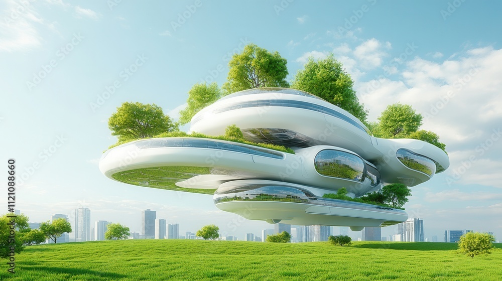 Poster a futuristic, floating structure surrounded by greenery, showcasing innovative architecture and sust