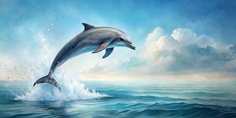 Obraz premium A graceful dolphin leaps high above the ocean waves, a breathtaking spectacle against a vibrant sky