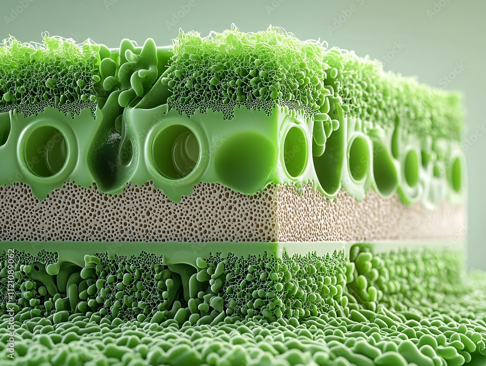 Poster a scientific rendering of plant biology, showing stomata under a microscope with visual effects emph