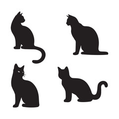 set of cat black and white vector , in a siting position , left pose , right pose , front side , on white background . 
