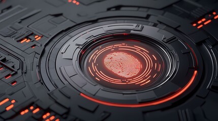 The image shows a futuristic, dark gray metallic surface with a central circular component.  This component features a glowing red fingerprint scan in the center, surrounded by concentric red rings.A