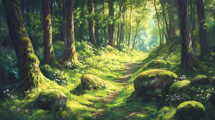 A serene forest clearing with dappled sunlight, moss-covered rocks, and the sound of birdsong 