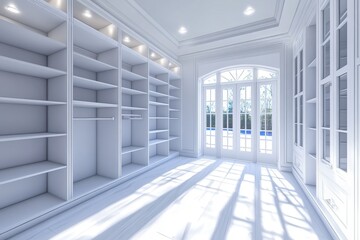Bright, empty room with built-in shelving and French doors. Ideal for showcasing organization, storage, or home design concepts.