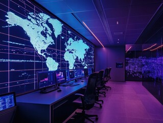 Data analysis event in high-tech control room urban setting digital displays modern viewpoint information security focus