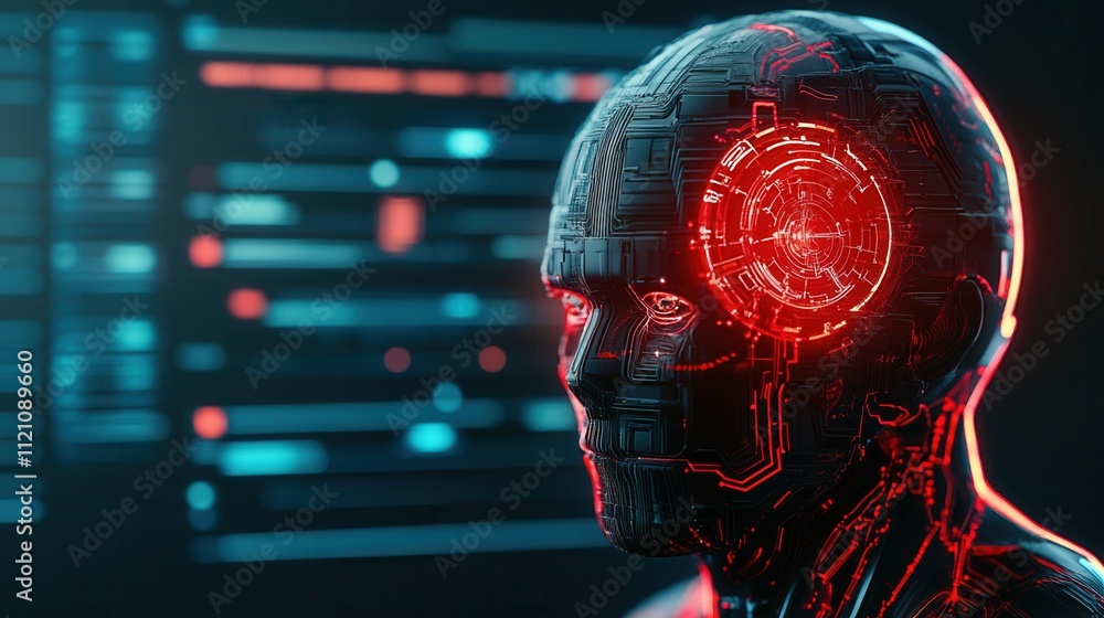 Poster a futuristic humanoid robot with a glowing red head, set against a backdrop of digital data displays
