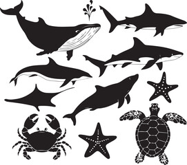 ocean animals silhouette set, vector