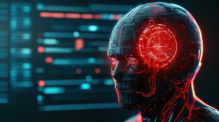 A futuristic humanoid robot with a glowing red head, set against a backdrop of digital data displays, embodying advanced technology and artificial intelligence.
