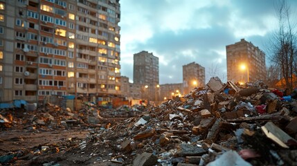 A high-rise apartment with central heating next to a slum using firewood for warmth.