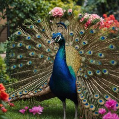 Obraz premium A peacock with its feathers fully fanned out in a garden with blooming flowers.