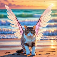 Obraz premium Angelic Cat on the Beach at Sunset: A Serene Coastal Fantasy