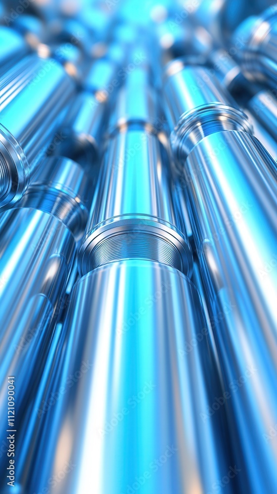 Poster a close-up view of metallic pipes arranged in a layered pattern, showcasing their shiny blue surface