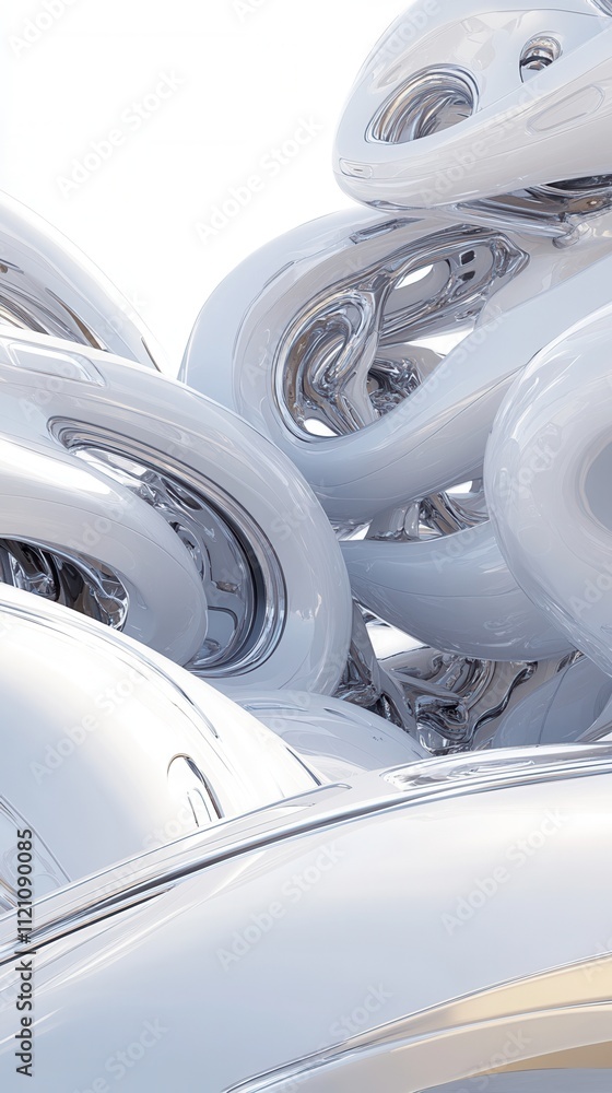 Poster a futuristic abstract design featuring intertwining glossy white shapes, creating a sense of fluidit