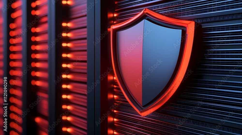 Aufkleber a glowing red shield emblem is affixed to a server rack, symbolizing the robust cybersecurity protec