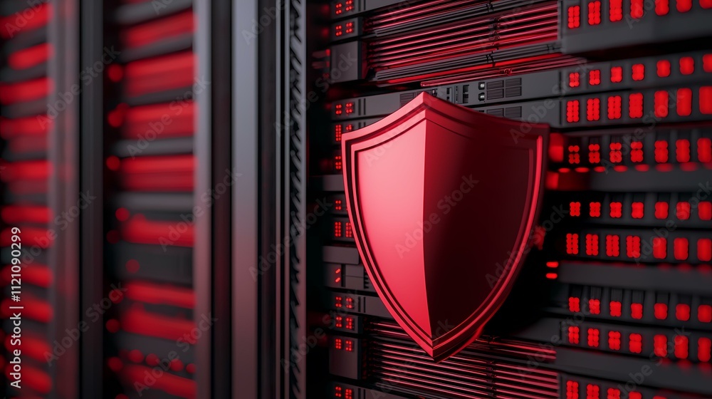 Aufkleber a red metallic shield is prominently displayed in front of a server rack, illustrating the concept o