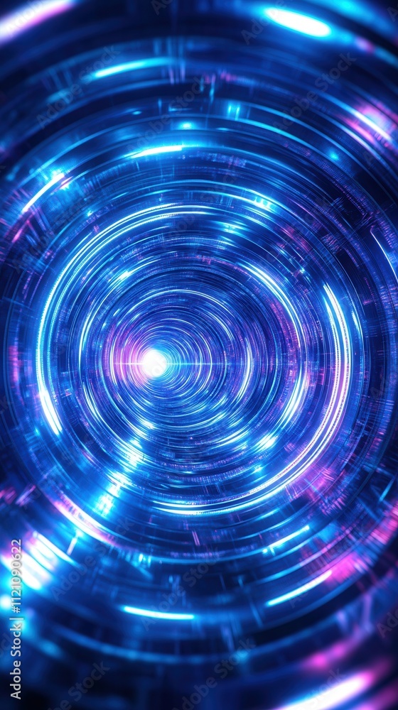 Poster a mesmerizing tunnel of vibrant blue and purple lights, creating a sense of depth and motion in a fu