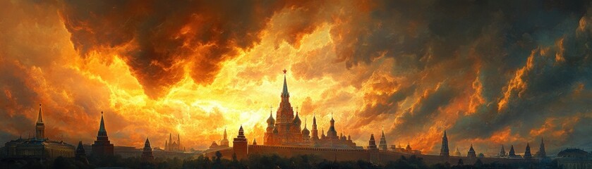 Majestic sunset over historic architecture moscow digital art landscape dramatic viewpoint evocative atmosphere