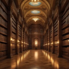Fototapeta premium Grandiose Wooden Library Hallway Interior Design: Architectural Marvel of Bookshelves and Golden Hues