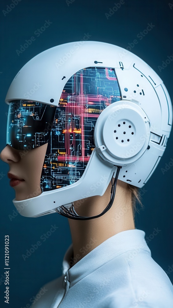 Poster a futuristic helmet design featuring a digital interface, combining technology and fashion with a sl