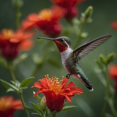 Fototapeta premium A hummingbird drinking nectar from a bright red flower.