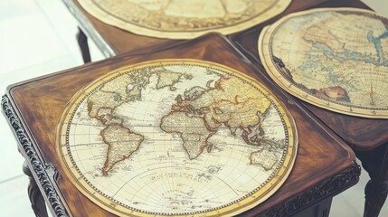 A vintage world map displayed on a wooden table, showcasing geographical details.