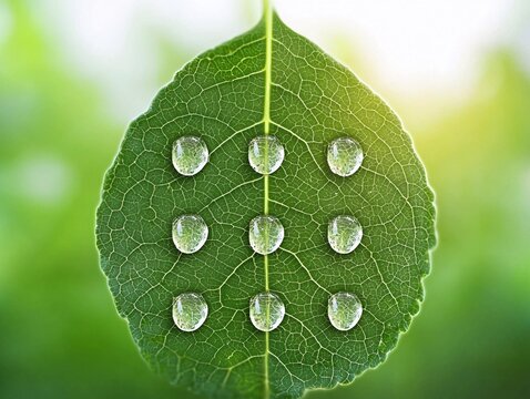 a minimalistic artistic rendering of water droplets evaporating from a vibrant green leaf, glowing under soft sunlight, oxygen released into the air, a cycle of growth and adaptation - Powered by Adobe